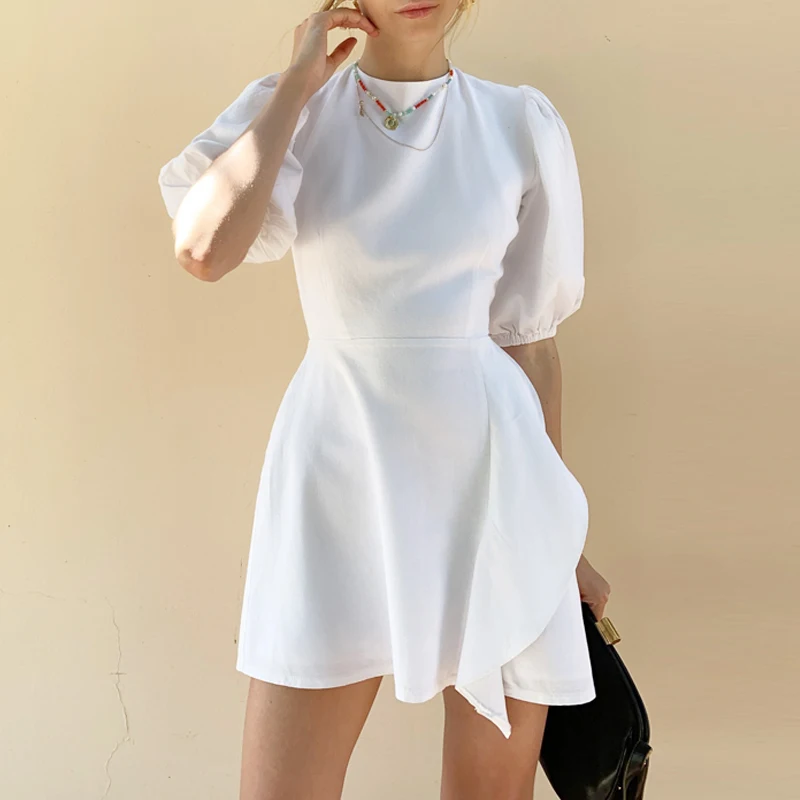 

Backless Mini Dress Women Sexy Puff Sleeve c Ladies Summer Casual Cotton Solid Dresses Elegant Lace Up Vestidos