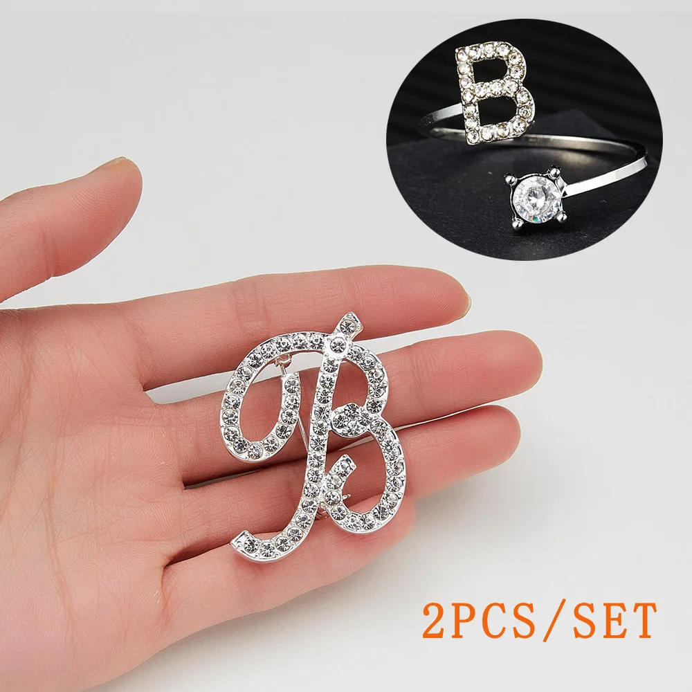 

2Pcs/set 26 Initial Letter Shiny Zircon Rings Brooches For Women Men Rhinestone Brooch Pins Opening Rings Fashion Couple Jewelry