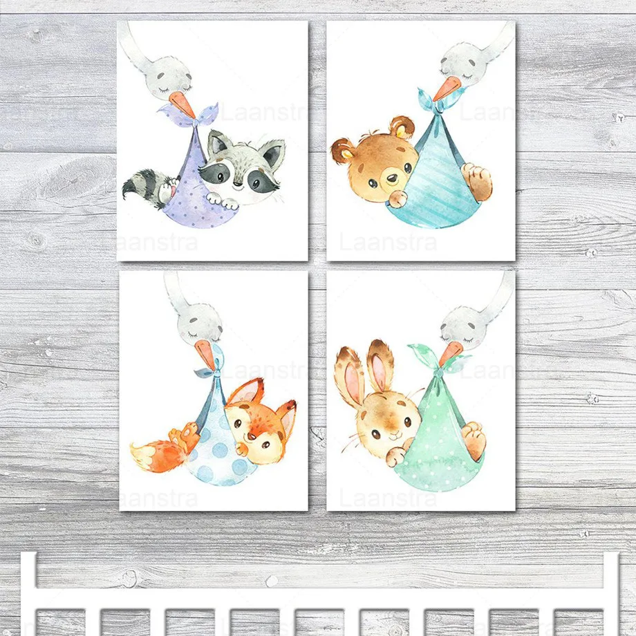 

Cartoon Canvas Painting Bird Carrying Small Animals Bear Fox Rabbit Children's Room Decoration Painting Living Room Decoration
