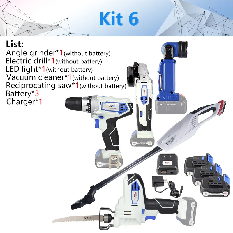 Kit 6 NEWONE/Keinso 12V 6-инструмент литиевая аккумуляторная на высокоточном оборудовании, угловая шлифовальная машина электрическая дрель светодиодный светильник пылесос электрическая пила - Цвет: Kit 6