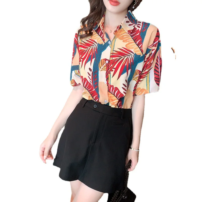 

Houthion Chiffon Slim Women's Blouses New Casual Blusas Fashion Short Sleeve Top Floral Buttons Polo Shirt Summer