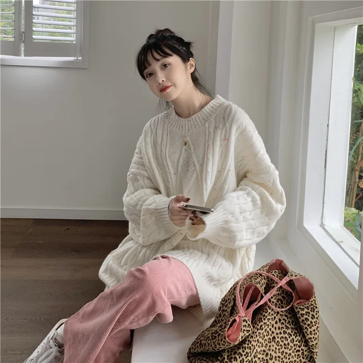 

Korean Ins Gentle Milk Apricot Dots Loose and Lazy Style Pullover Retro Twist Sweater Mid-Length Sweater