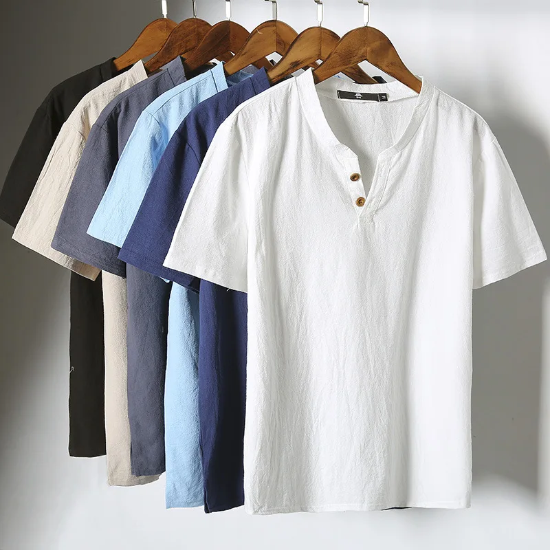 Японские Kimonos футболки японские летние мужские льняные рубашки с коротким