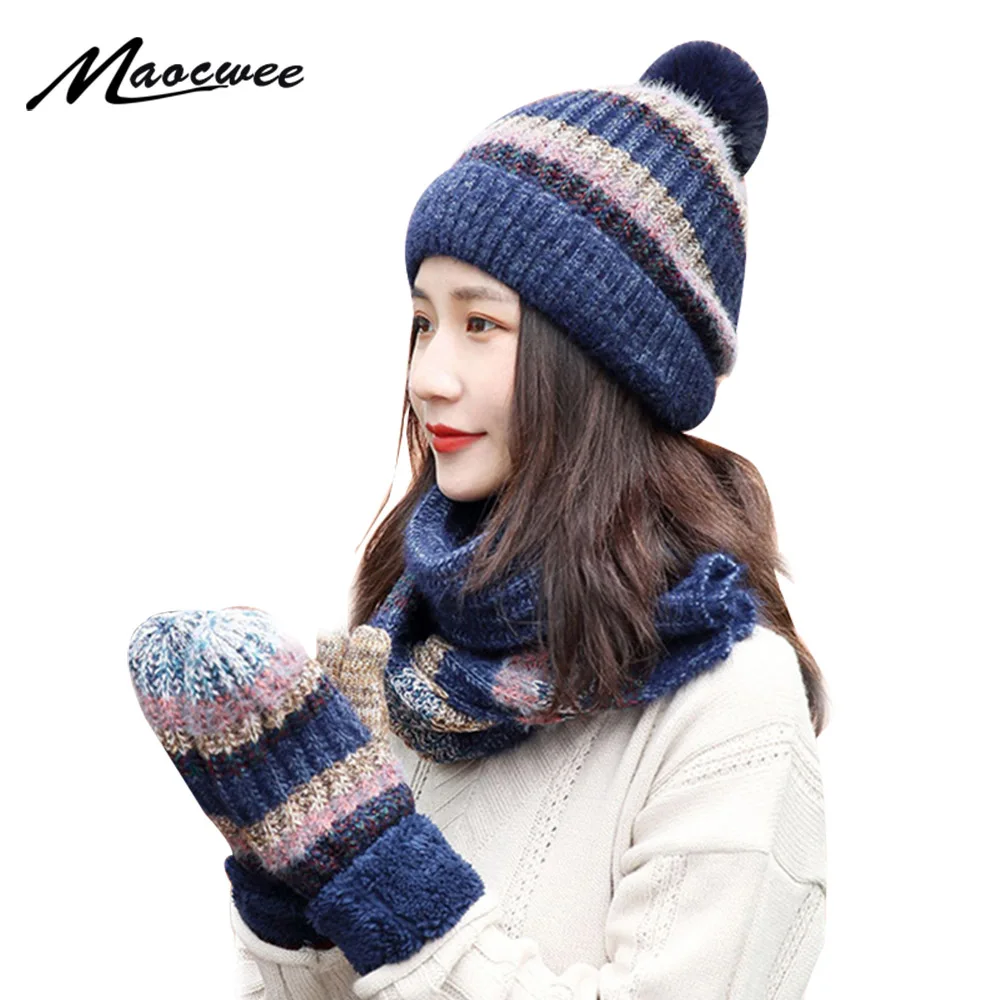 Зимний комплект из шапки с помпоном шарфа головных уборов для женщин элегантная