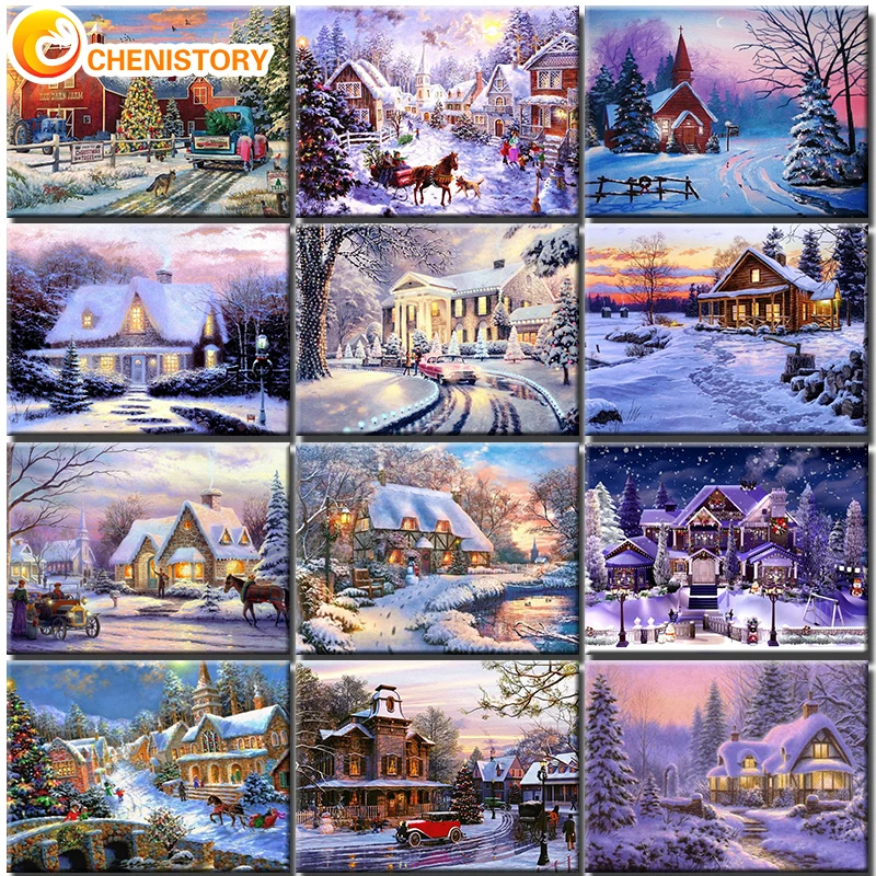 

CHENISTORY Winter House Painting By Numbers For Adults Children DIY HandPainted Oil Painting Town Landscape Picture Home Decor