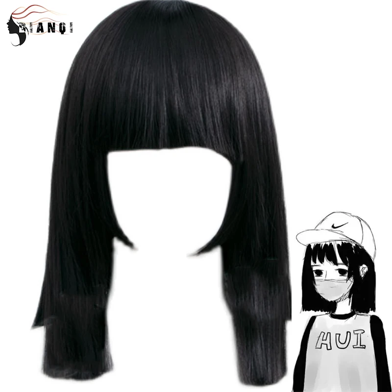 DIANQI Synthetic 14 Inch Black Hair Short Straight Bob Wigs With Bangs Female Cosplay Nanno Wigs For Women Party