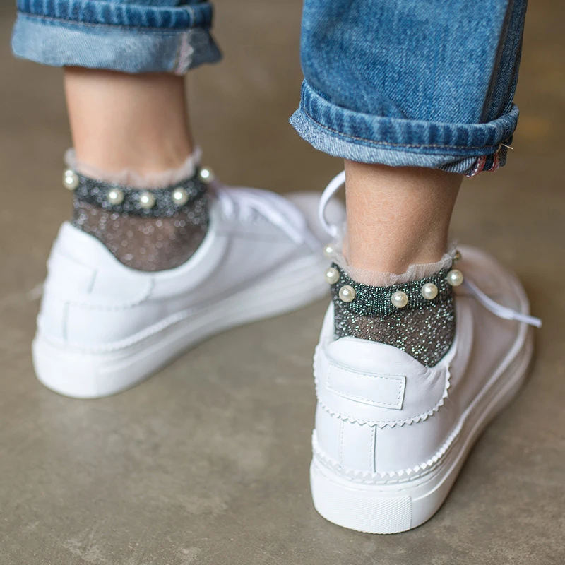 Летние модные женские носки Серебристые шелковые с жемчужинами короткие