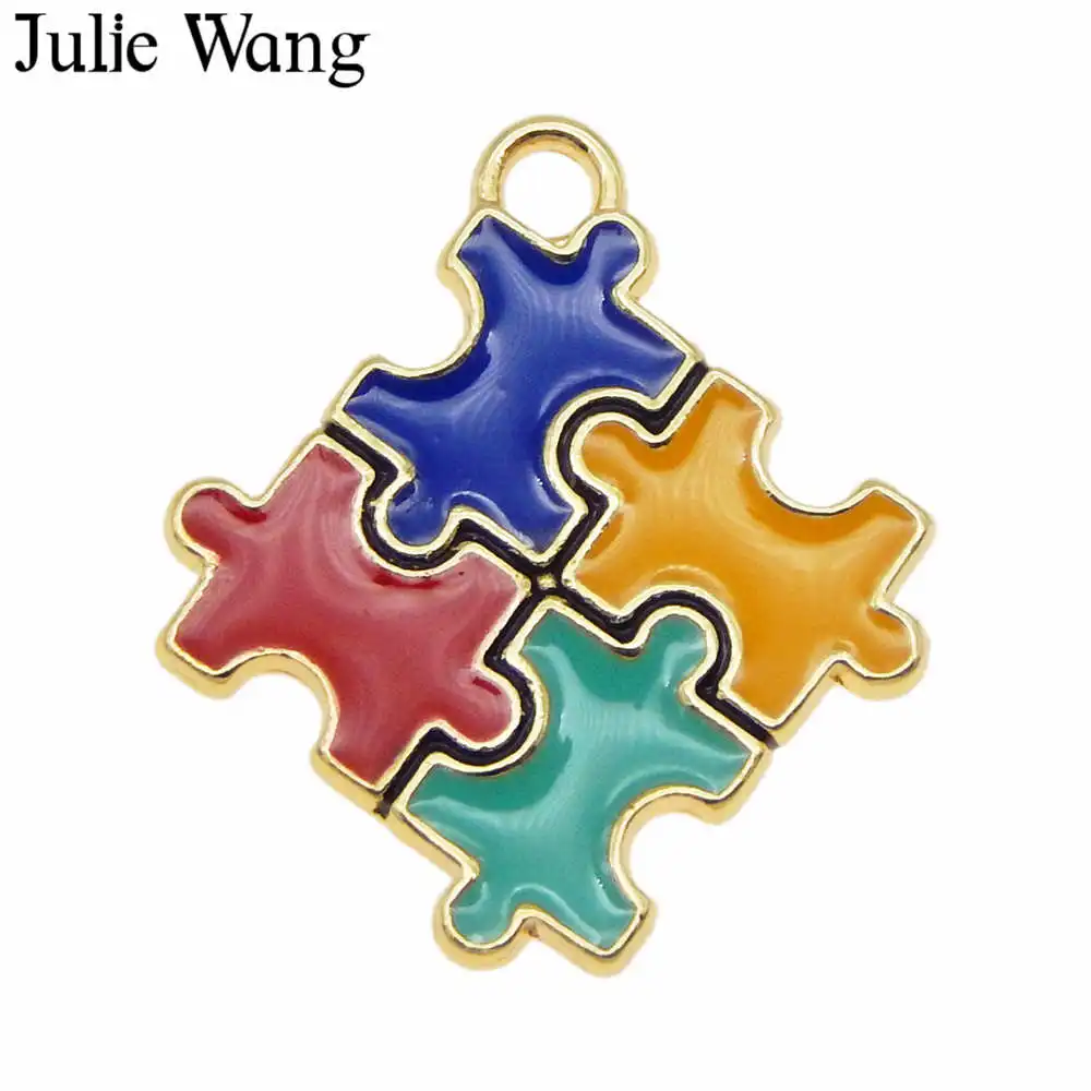 

Julie Wang 3PCS Enamel Autism Awareness Jigsaw Puzzle Charms Gold Tone Necklace Bracelet Earrings Jewelry Making Accessory