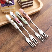 creative cute ceramic handle fruit fork cartoon stainless steel eco friendly fruit fork restaurant bar with fashion gifts forks