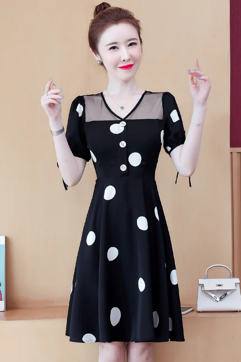 

COIGARSAM 5XL Plus Size Fashion Patchwork Women one-piece dress korean Summer Polka Dot Mesh Dresses 9223