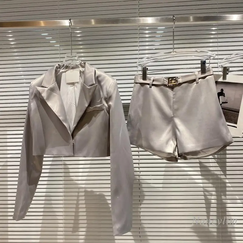 

Two Piece Sets Womens 2021 Autumn New Elegant Satin Short Coat + Belt Shorts Lady Outwears Solid Color Female Clothing