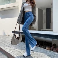womens soft high waist slim split jeans chic streetwear stretchable flare jeans ladies casual long denim pants