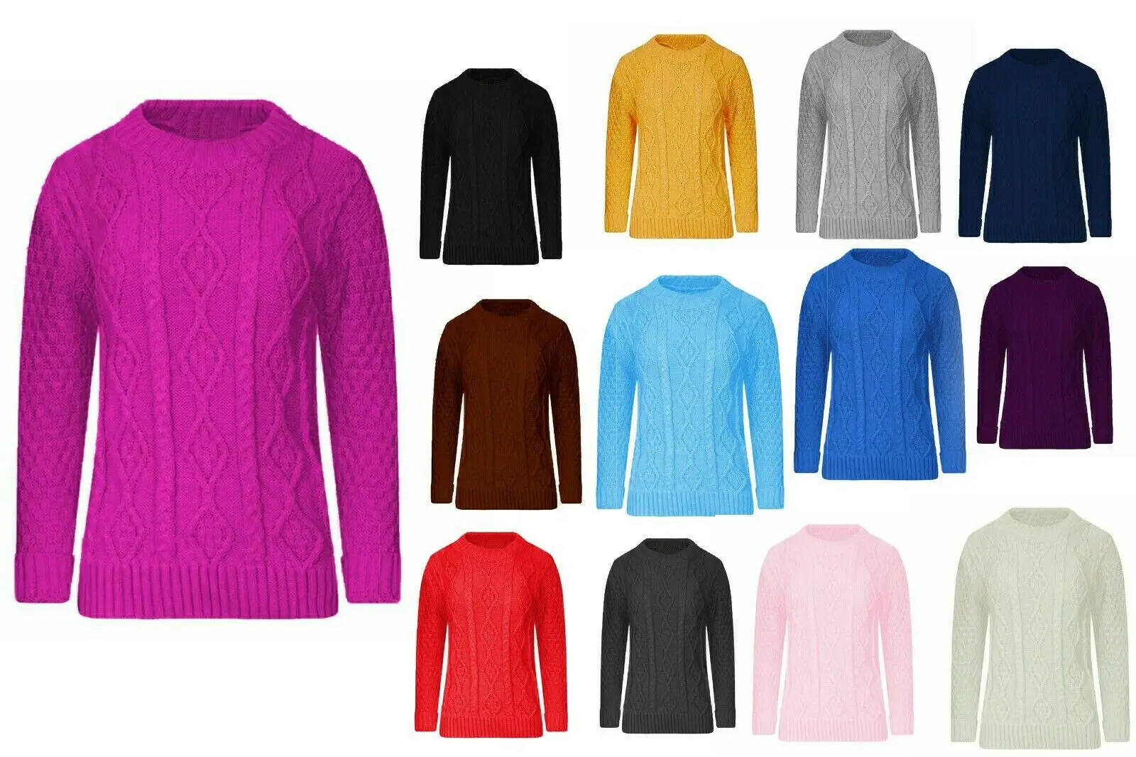 

Ladies Long Sleeve Chunky Jumper Cable Knitted Crew Neck Winter Sweater Top
