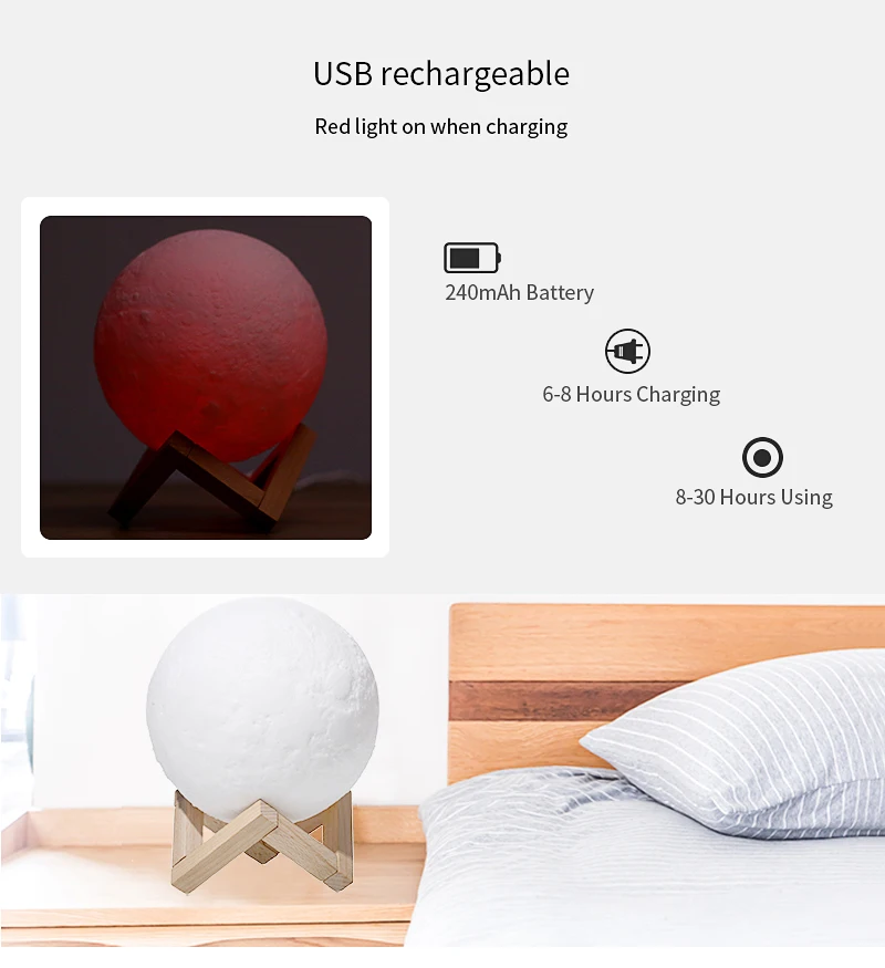 USB перезаряжаемая 3D печать луна лампа 2 вида цветов сенсорный офисный стол дисплей artware Свет Декор blub креативный светильник заряжаемый