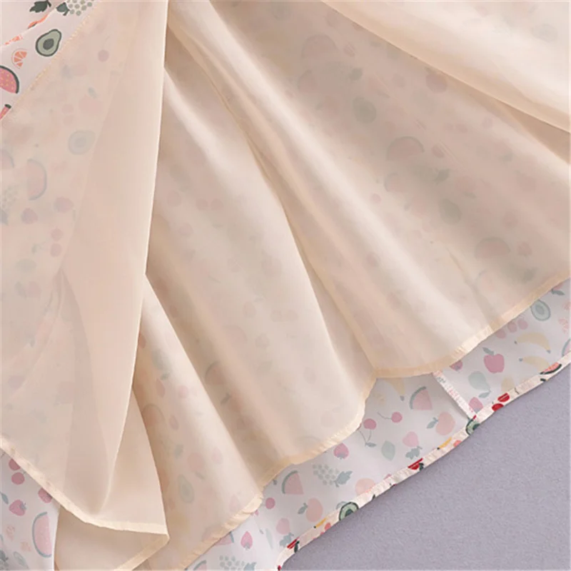 

Chic Fruit pattern printing midi women dress summer Idyllic bow lace up smocking high waist dress casual Elegant spaghetti dress