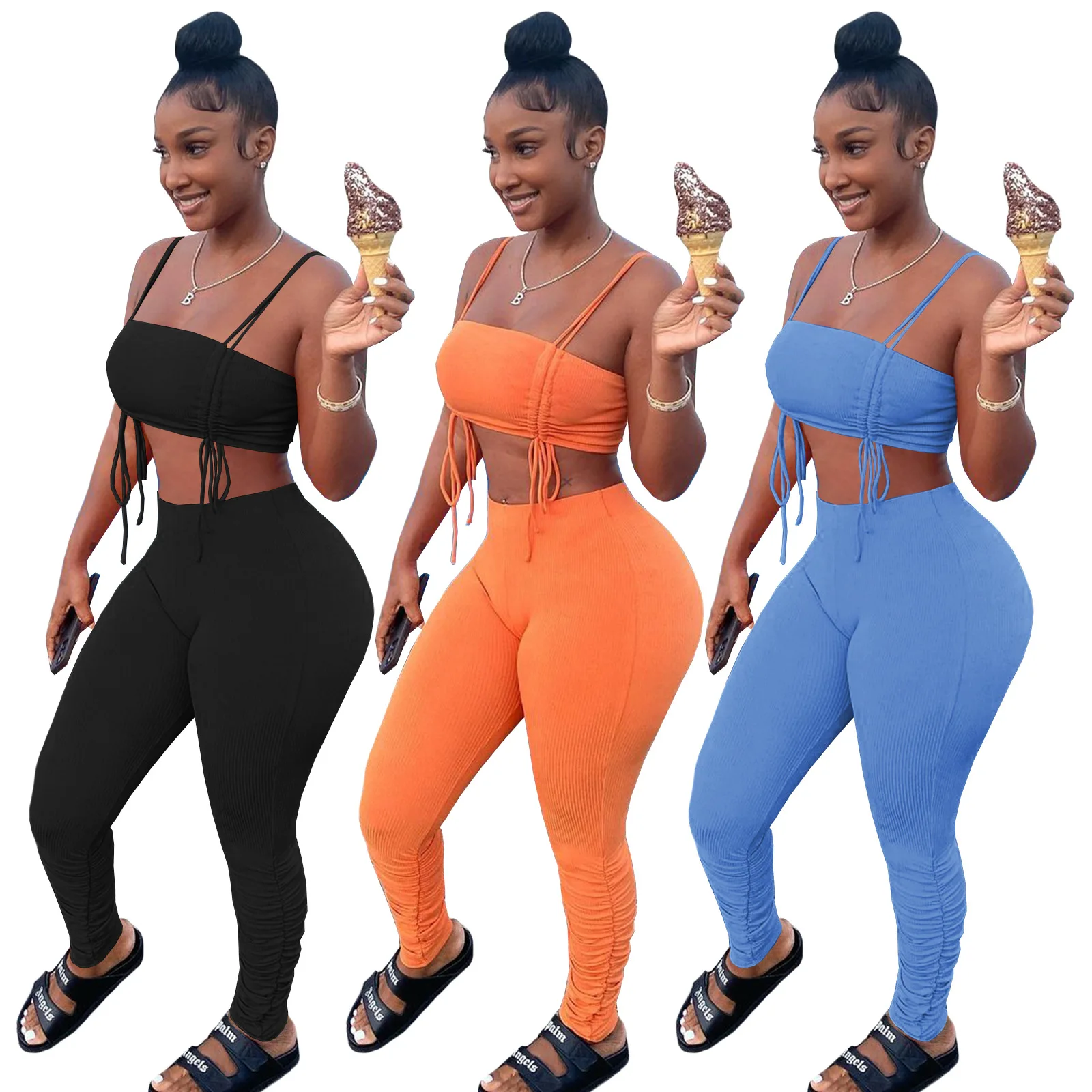 

Women Fitness Sporty Tracksuit Sleeveless Spaghetti Strap Crop Top Stretchy Leggings Ribbed Two Piece Set Solid 2 Piece Outfits