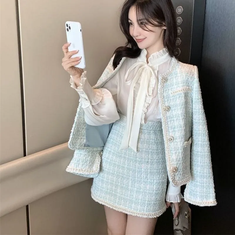 Женский твидовый костюм пиджак с бисером и мини-юбка высокой талией Осень-зима |