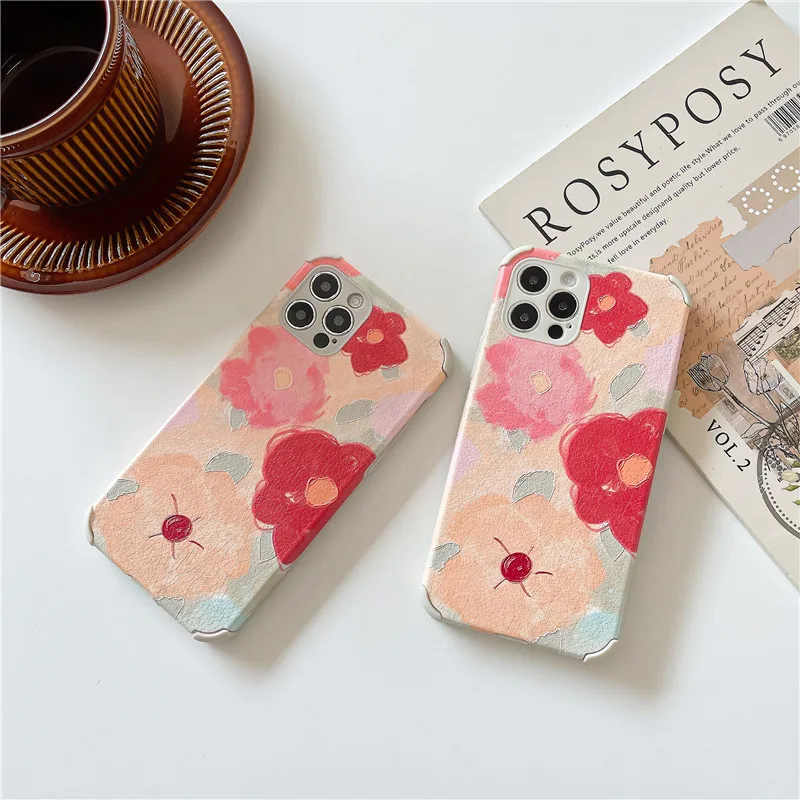 

ins Cute Fresh flower Anti-knock Phone Cases For iPhone 12 11 Pro Max XR X XS 7 8Plus SE2 Relief Leather Soft Case Back Cover