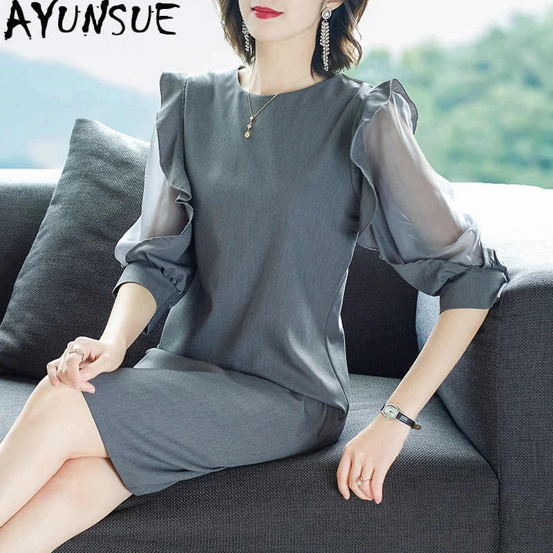 AYUNSUE сезон: весна лето женское платье Элегантное Сетчатое для офиса средней длины