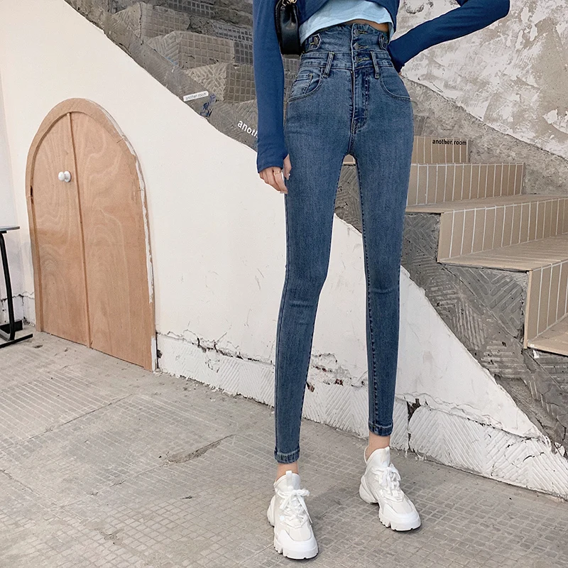 

Women's Korean-Style Spring and Autumn High Waist Fleece Jeans Slimming High-Fitting Stretch Tappered Pencil Pants Trendy