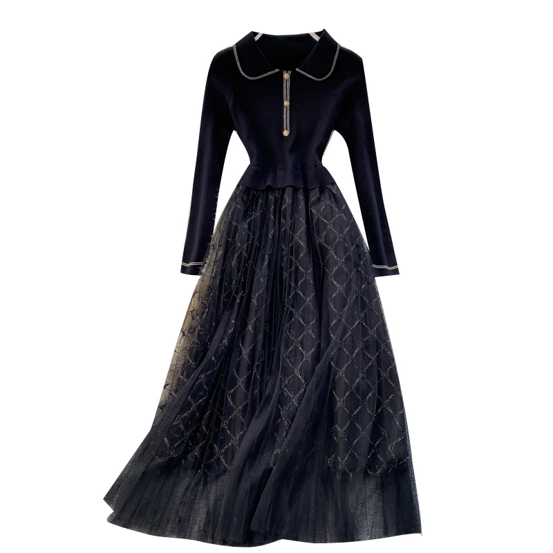 

the new autumn outfit fair maiden temperament Hepburn wind Polo collar show thin knitting waist stitching gauze dress
