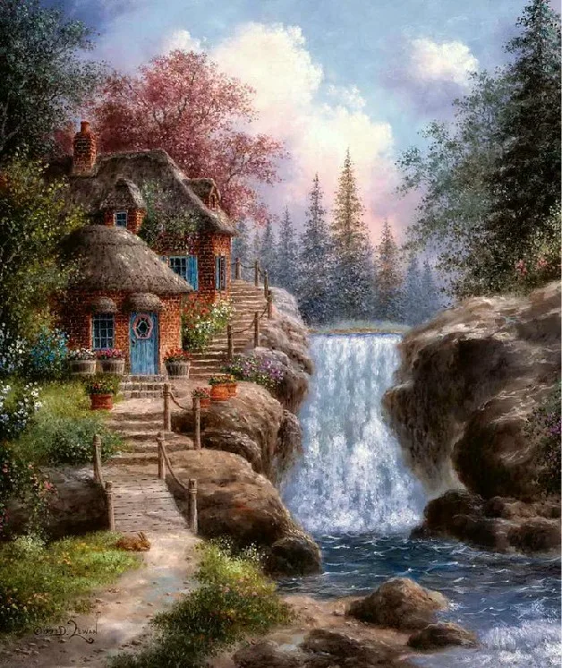 

waterfalls Scenery Embroidery Needlework Forest 14CT Counted Unprinted DMC DIY Cross Stitch Kits Handmade