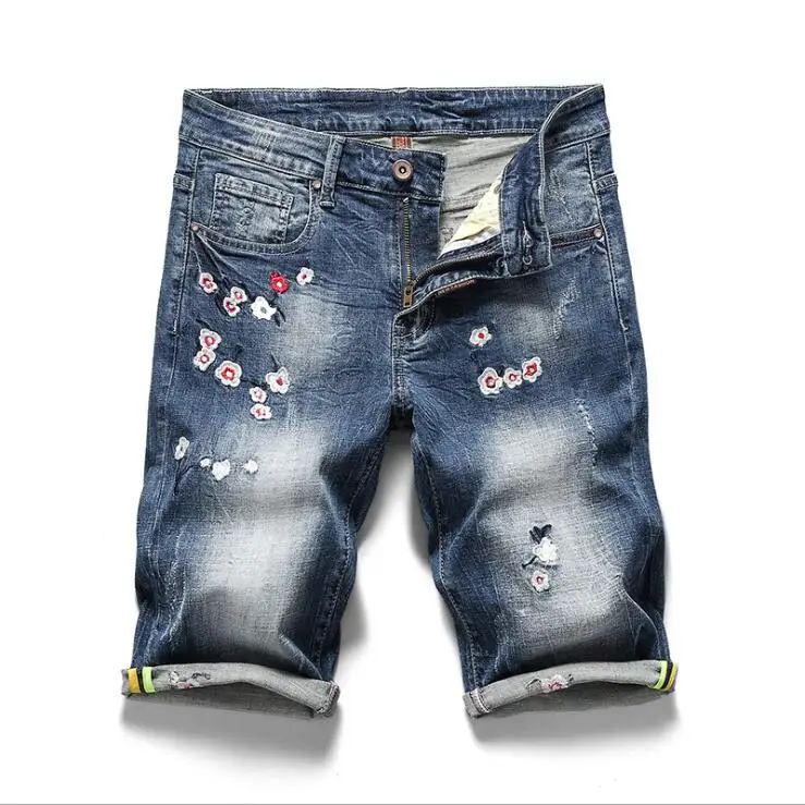 

Summer Personality Men's Straight 5 Jeans Flower Embroidery Extreme Man Mid Zipper Fly Casual High Street Punk Pants Men Pants
