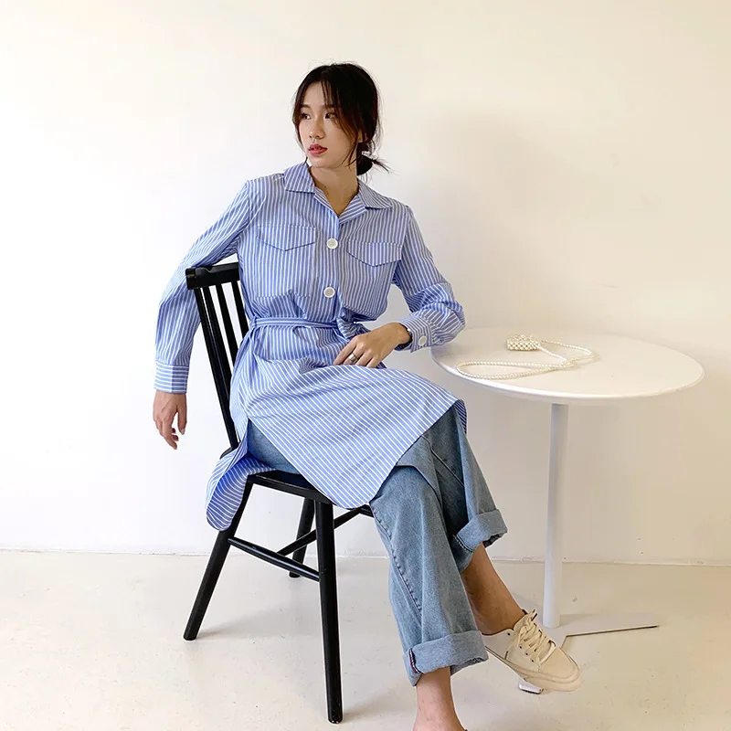 [EWQ] Весна-Осень 2020 новая полосатая рубашка с отложным воротником и длинным
