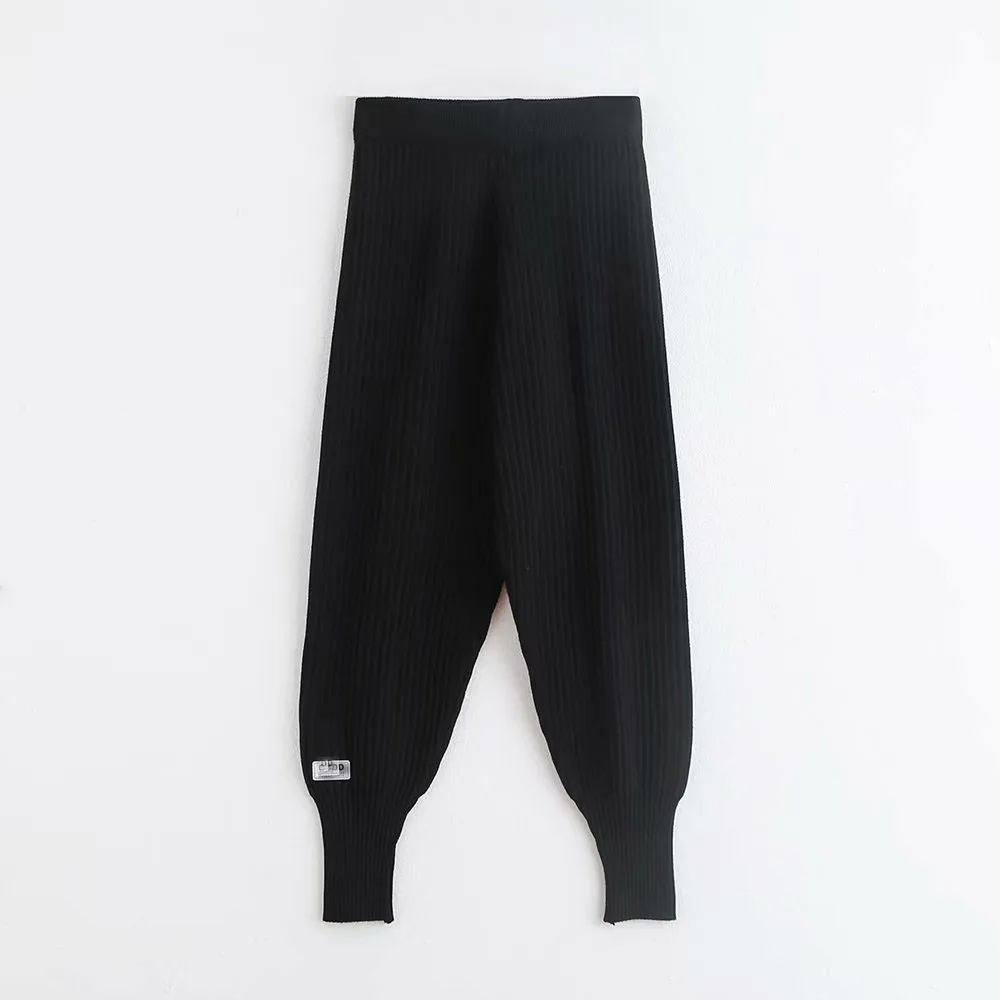 

Women 2021 New Chic Fashion Radish Knitting Pants Vintage High Elastic Waist Black Female Ankle Trousers Mujer