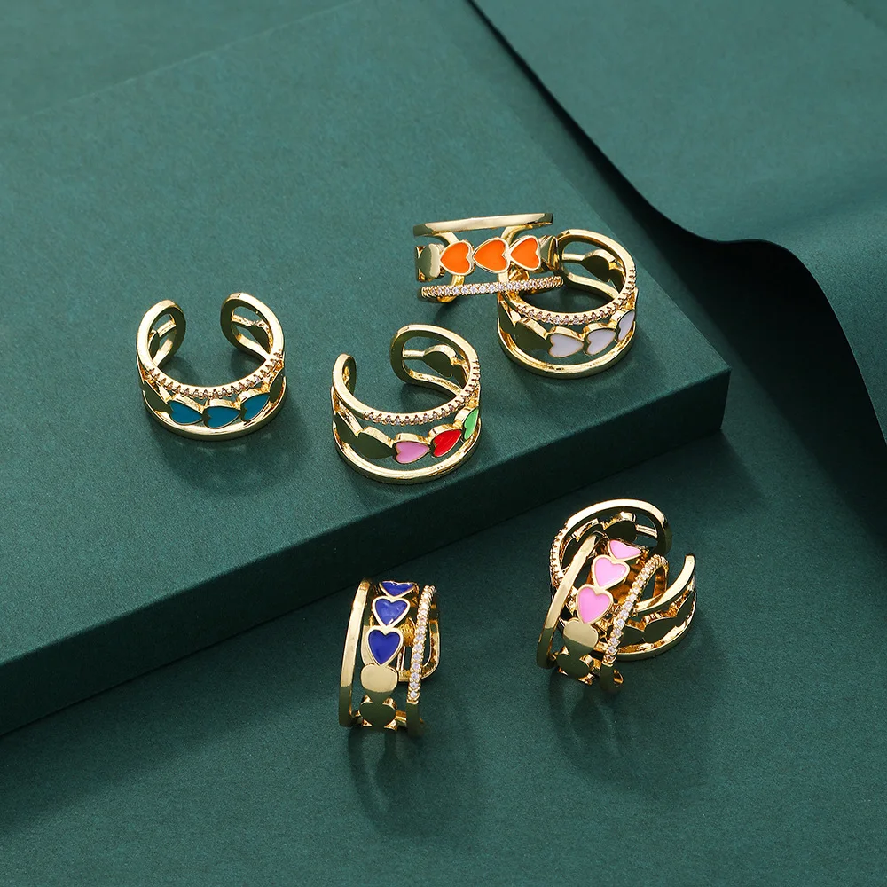 

New Ladies Fashion Charm Love Ring Color Mosaic Love Hollow Opening Adjustment Ring Female Wholesale