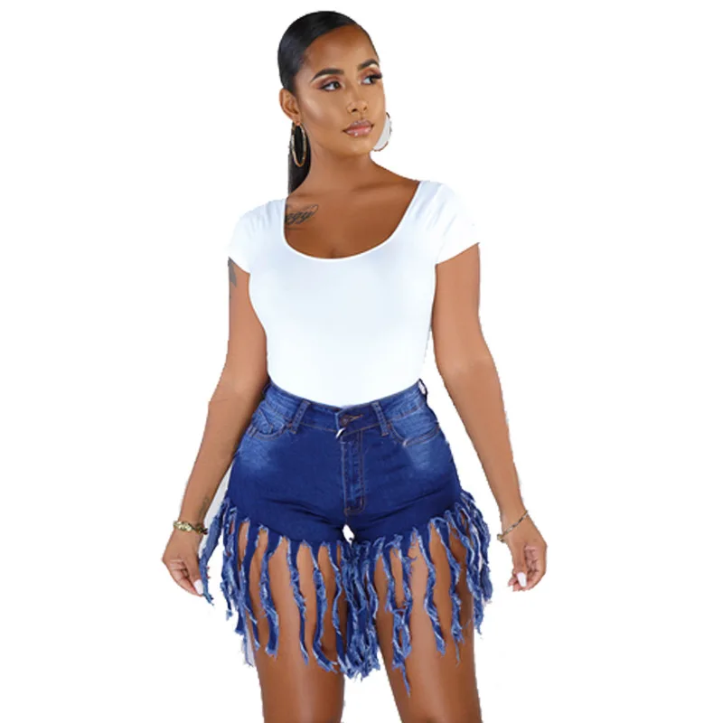 

Summer Women Long Tassel Denim Shorts with Pockets Streetwear Ladies Elastic Mid Waist Washed Sexy Club Party Night Jean Shorts