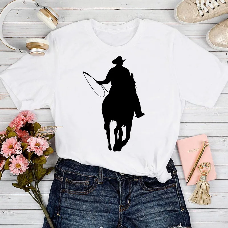 

Horse Print T Shirt Women white Casual Short Sleeve O-Neck Ladies Tshirt Summer white Short sleeve Fashion Tee Shirt femme 2021