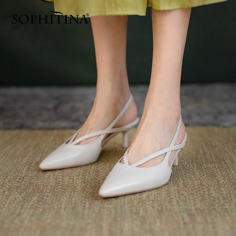 

SOPHITINA Pointed Toe Ladies Shoes Elegant Stiletto Full Leather Comfortable Shoes Back Strap TPR Non-slip Women's Sandals AO236