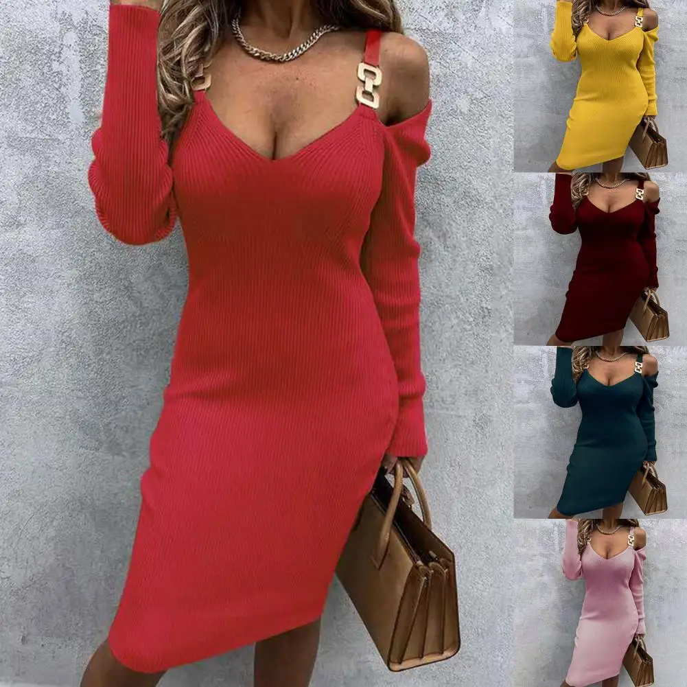 

Женское платье до колен, однотонное облегающее платье с металлическими лямками и глубоким V-образным вырезом и длинным рукавом для вечеринк...