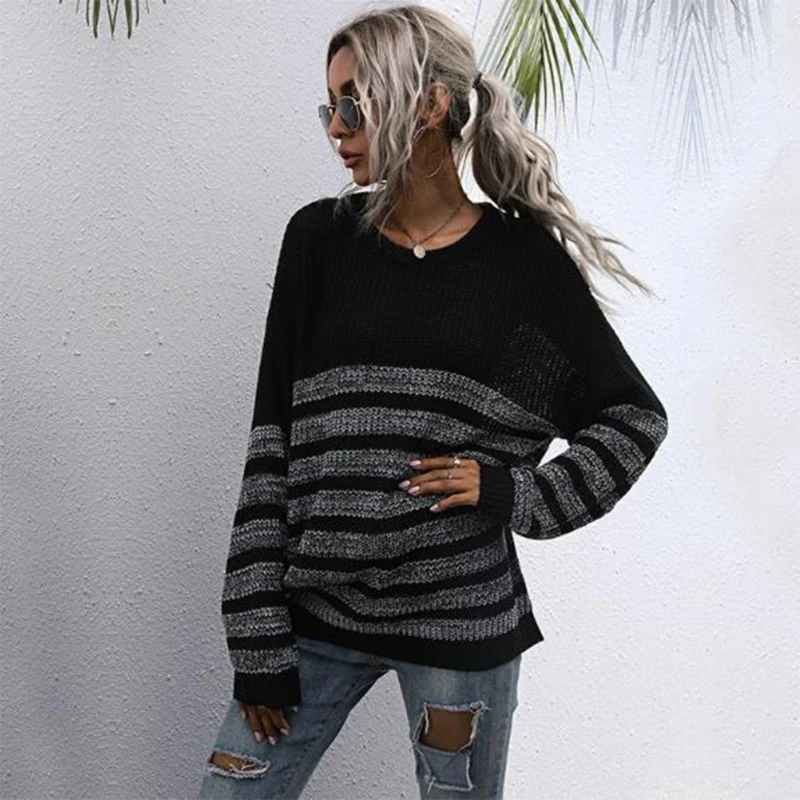 

Women Long Sleeve O-Neck Sweater Striped Patchwork Knit Loose Jumper Tunic Top N58F