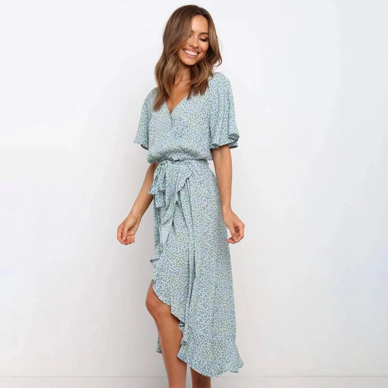 

Women Ruffles Sexy Split Floral Print Long Dress 2021 Summer V Neck Short Sleeve Sashes Casual Boho Party Dress Robe Vestidos