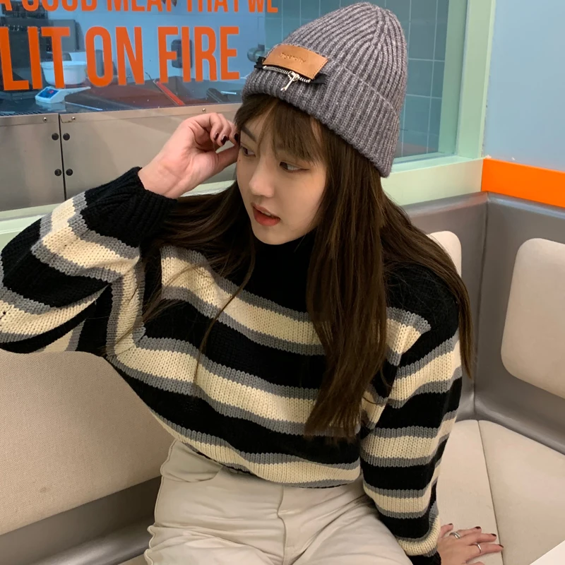 

2Colors 2020 Autumn Winter Women Turtleneck Pullovers And Sweaters Korean style stripe thick Warm Female knitted Sweater (C8673)