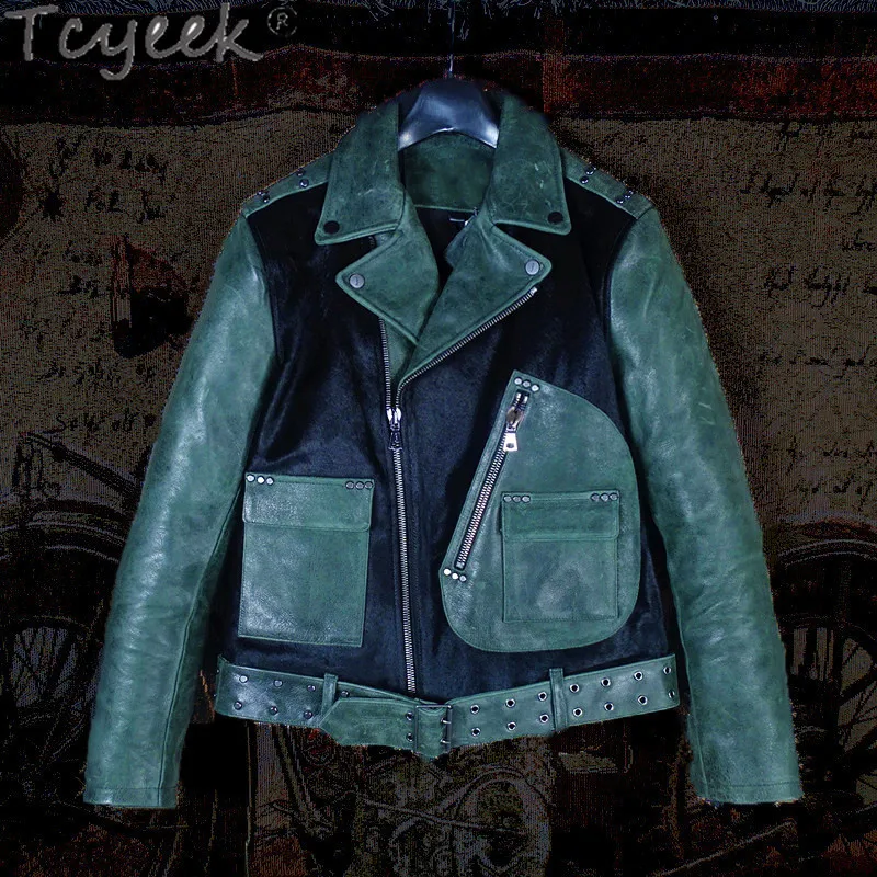 

Tcyeek High Quality Real Cow Leather Jacket Men Vintage Motorcycle Mens Leather Jackets and Coats Horse Hair 2021 Hommes Veste