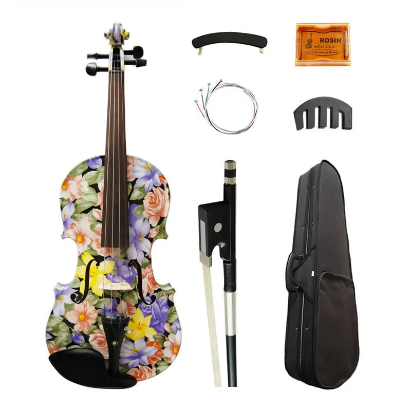 

High Quality Flowers Painted Art Violin 4/4 High-grade Ebony Fittings Maple Acoustic Violino Strings Music Instruments with Case