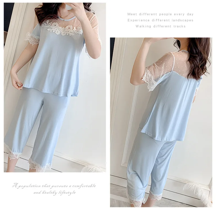 

Casual Pajama Lady Pj Set Short Sleeve Home Suit Tops Pants Two Piece Pajama Set Loungewear Ladies Lingerie Sleepwear Female New