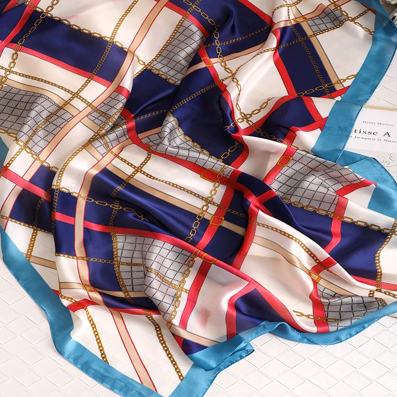 

2021 Women Imitation Silk Scarf Chain Plaid Print Shawls Office Lady Soft Wraps Female Headscarf Beach Towel Best Gift 90x180cm