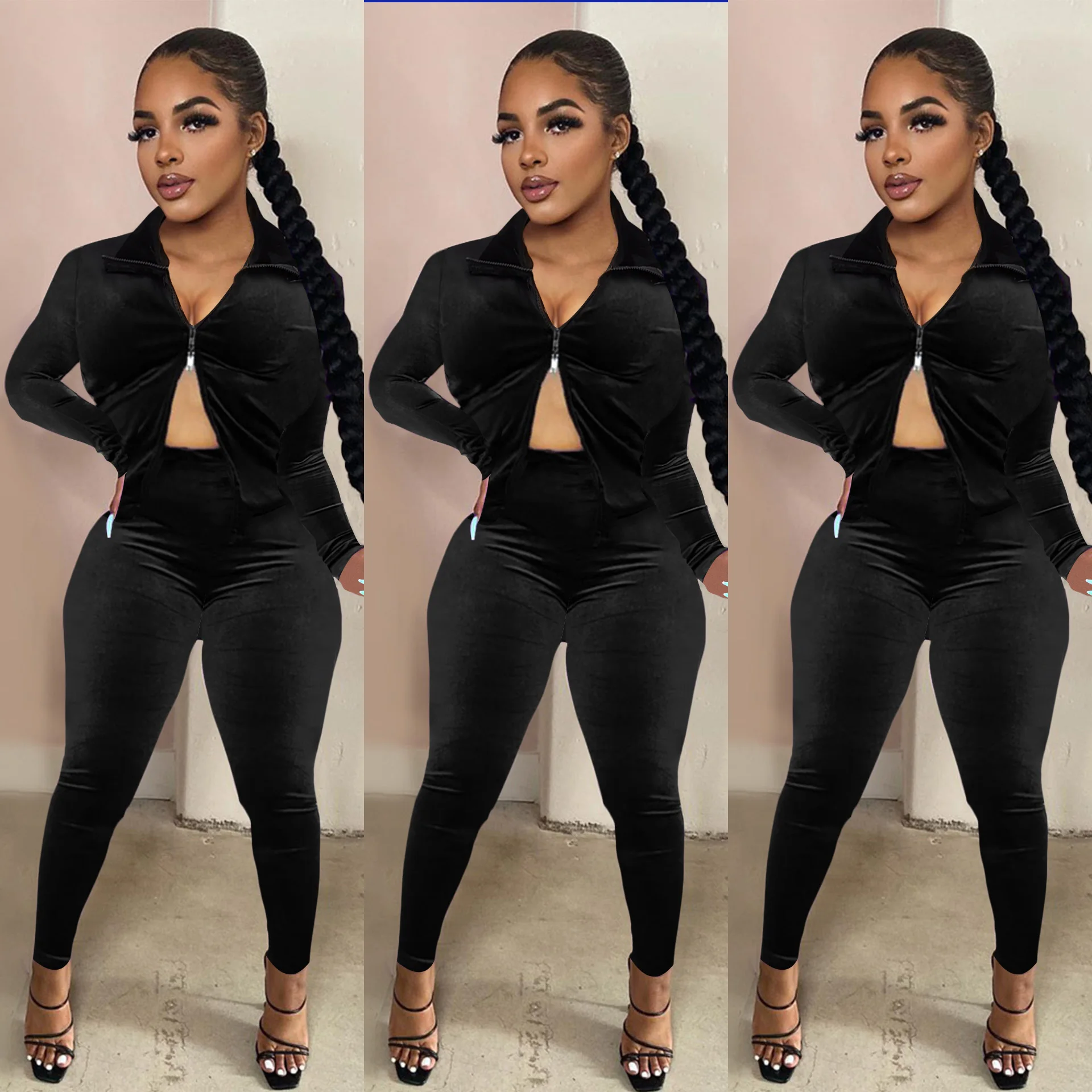 

Черный бархатный костюм с длинными рукавами; Однотонный повседневный комплект со штанами из двух предметов