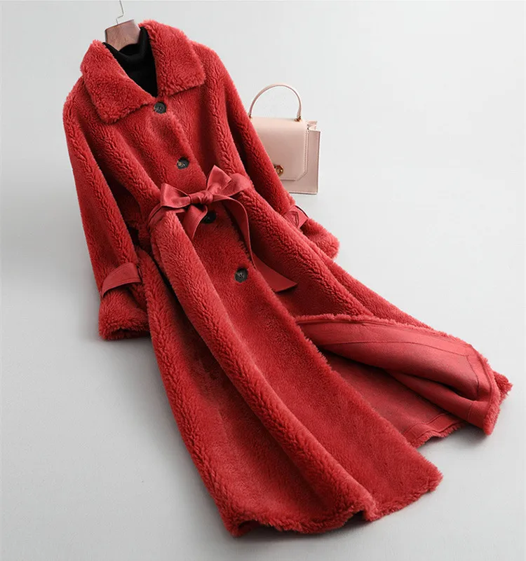 

Women Wool Coat Belt Woolen Outerwear Loose Fur Coat Medium Length New Arrival