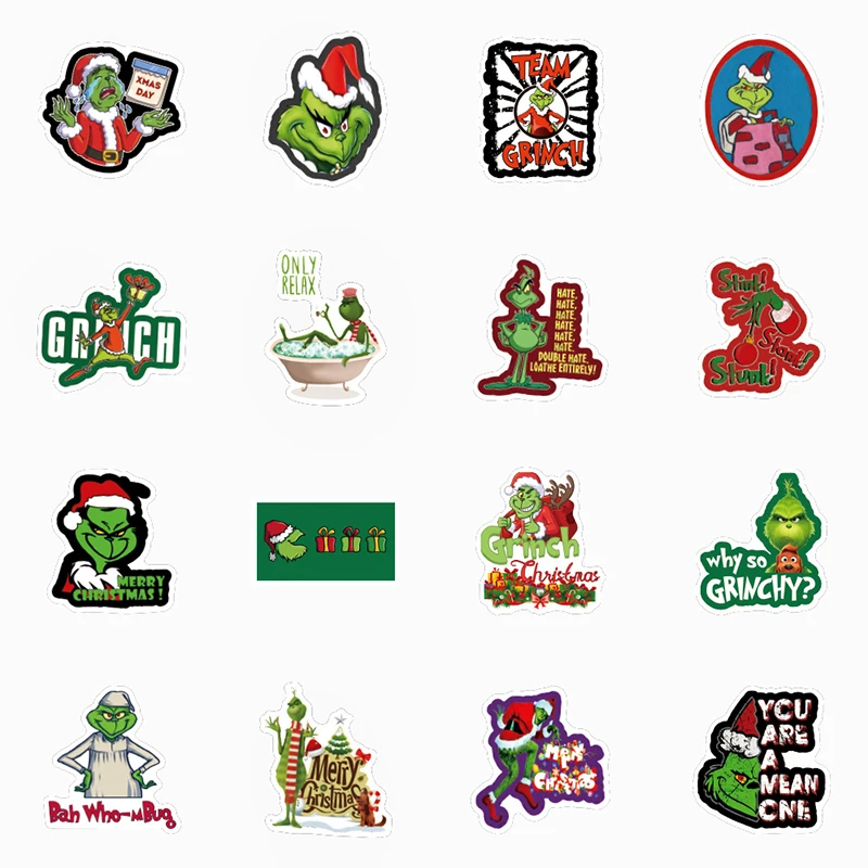 50 Uds. De pel&iacute;cula de animaci&oacute;n americana, pegatinas de Navidad de estola de Grinch para refrigerador, Scooter, pegatina de vidrio para ventana-3