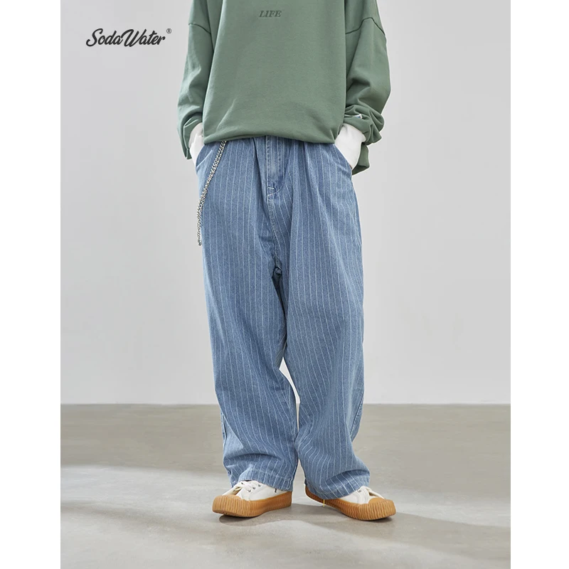 Sodaводяные мужские полосатые джинсы 2019 AW уличная свободные прямые джинсовые
