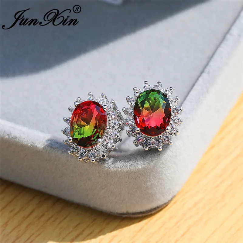 Мистик Красный зеленый камень подсолнечника серьги из белого золота в цветах