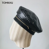new spring autumn japanese washed pu leather beret for women quadrilateral zipper decoration berets octagonal casual painter hat