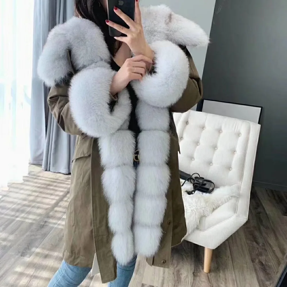 Пальто из натурального меха зимняя куртка женская длинная парка натуральный Лисий меховой капюшон, воротник Рекс подкладка из кроличьего меха Съемная уличная