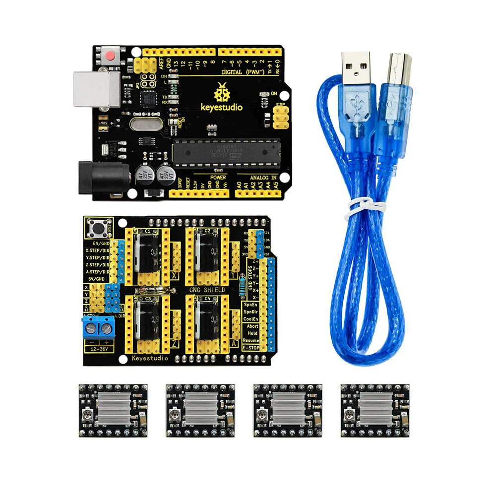 

Free shipping!Keyestudio CNC kit for arduino CNC Shield V3+UNO R3+ 4pcs A4988 driver /GRBL compatible