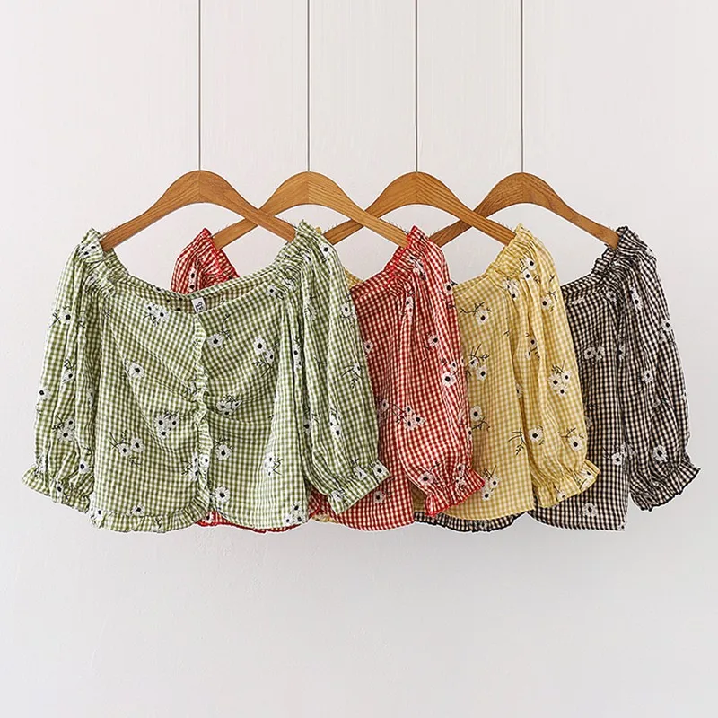 

2020 Summer Sweet Plaid Floral Prints Blouse Fashion Casual Square Collar Half Sleeve Shirt Women's Ruffles Crop Top